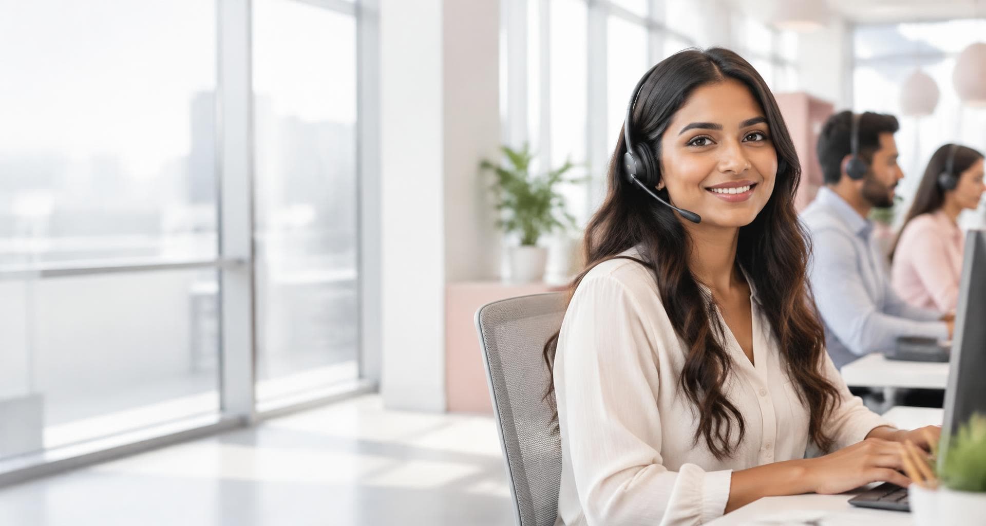 Smiling call-centre agent wearing a headset in a bright, modern office, with colleagues working at desks in the background