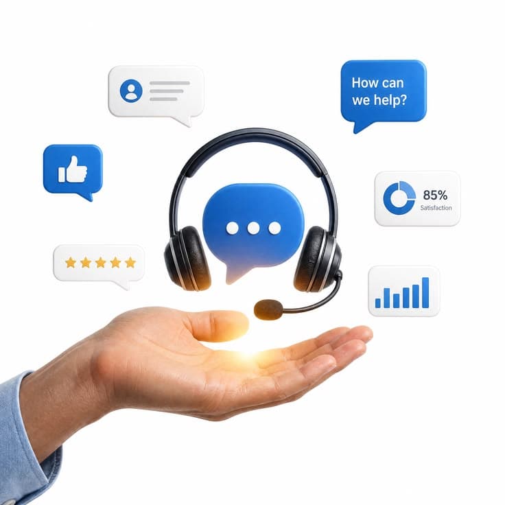 Customer support headset surrounded by chat, rating and satisfaction icons